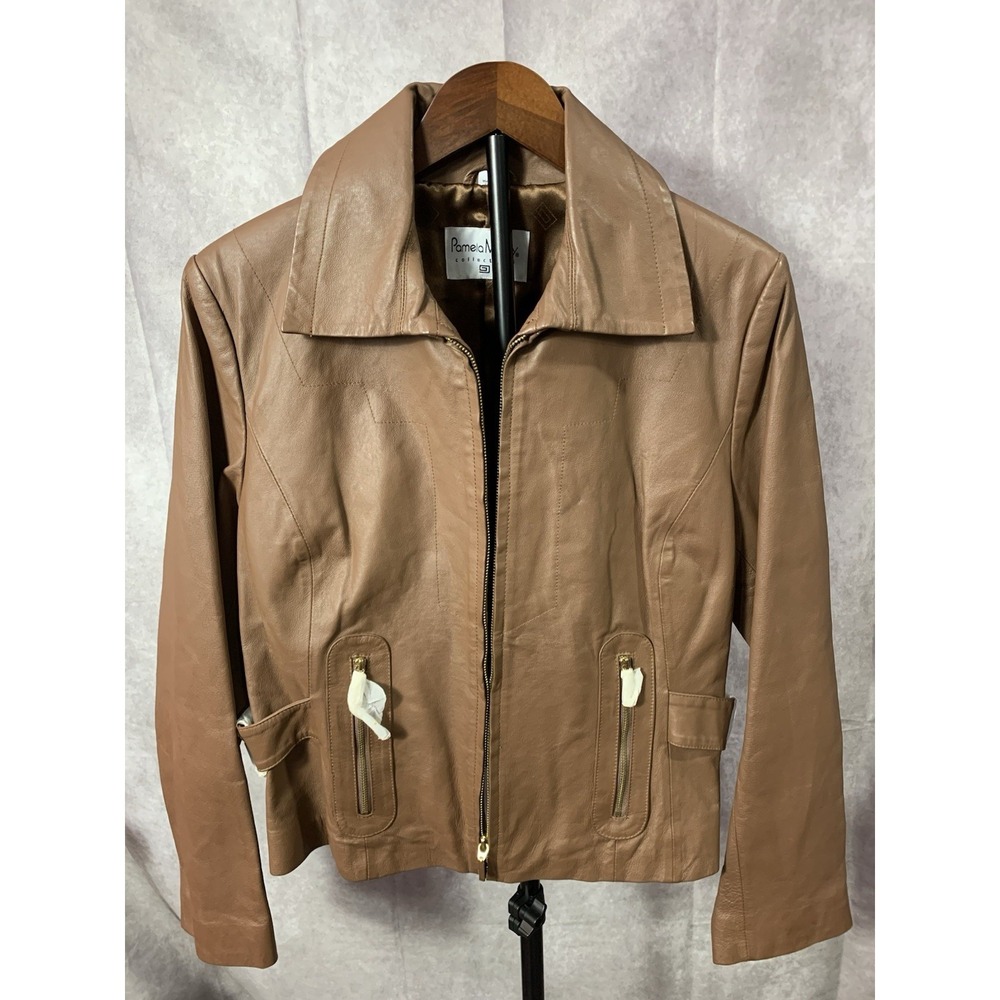Vintage Pamela McCoy brown fitted Ladies Med Leather jacket Zip Pocket In Front